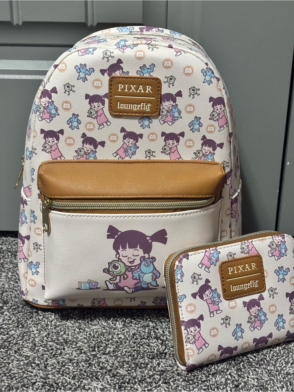 Loungefly Pixar Boo Mini Backpack and Wallet - Cream, Purple, Tan